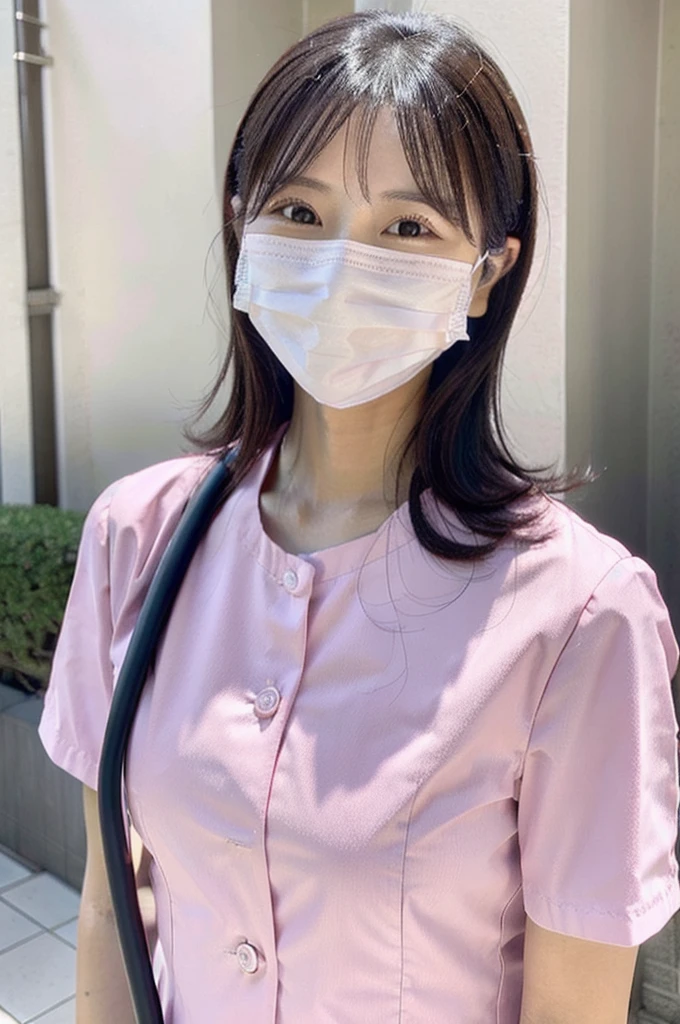 Dental hygienist wearing light pink nurse uniform Short sleeves Japanese Black hair Early 20s Female Upper body close-up smile Shooting outside Harmony々 No accessories included