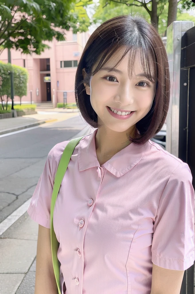 Dental hygienist wearing light pink nurse uniform Short sleeves Japanese Black hair Early 20s Female Upper body close-up smile Shooting outside Harmony々 No accessories included