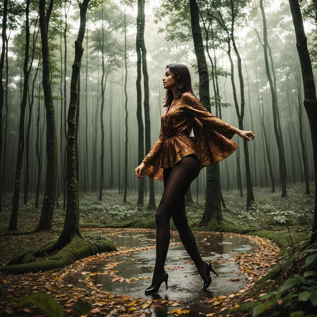 A woman transfer to the leaves like figure dancing on the forest rainy background