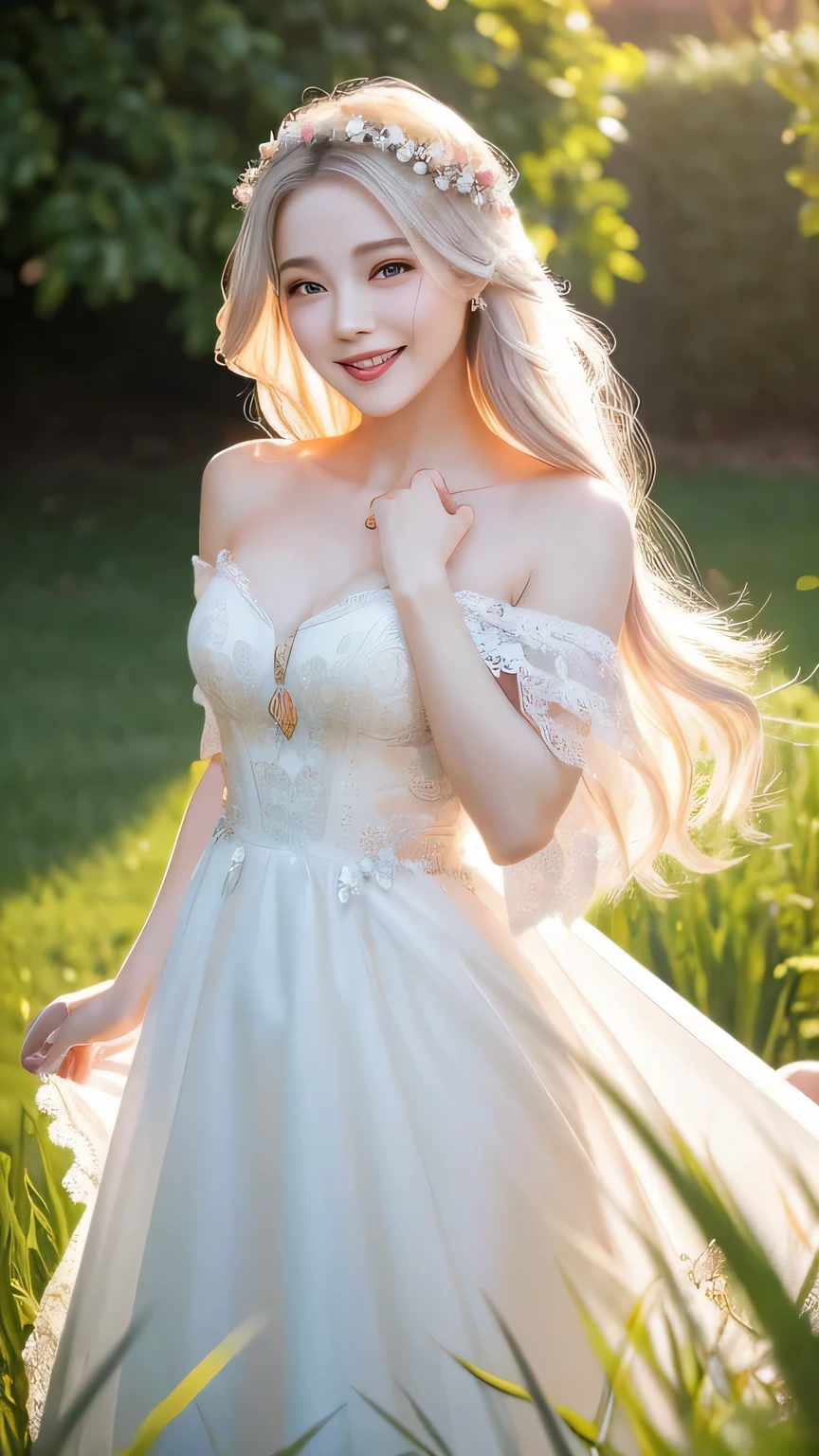 Create an ultra-realistic and enchanting depiction of a Banshee, but with a bright and cheerful personality. She stands at the height of a human woman, with a radiant and lively presence. Her skin is still pale, almost translucent, but it has a healthy glow to it. Her eyes are large and sparkling, filled with joy and happiness, with no trace of sorrow. She has long, flowing white or silver hair that moves gracefully, appearing almost ethereal. Her lips are rosy and often curved into a warm, inviting smile. She wears a beautiful, flowing white or pastel-colored gown that is in pristine condition, adorned with floral patterns and delicate lace. The background features a vibrant, sunlit meadow or a blooming garden, enhancing the sense of warmth and positivity. The overall scene exudes a sense of joy and enchantment, as this cheerful Banshee interacts with her surroundings in a delightful manner.