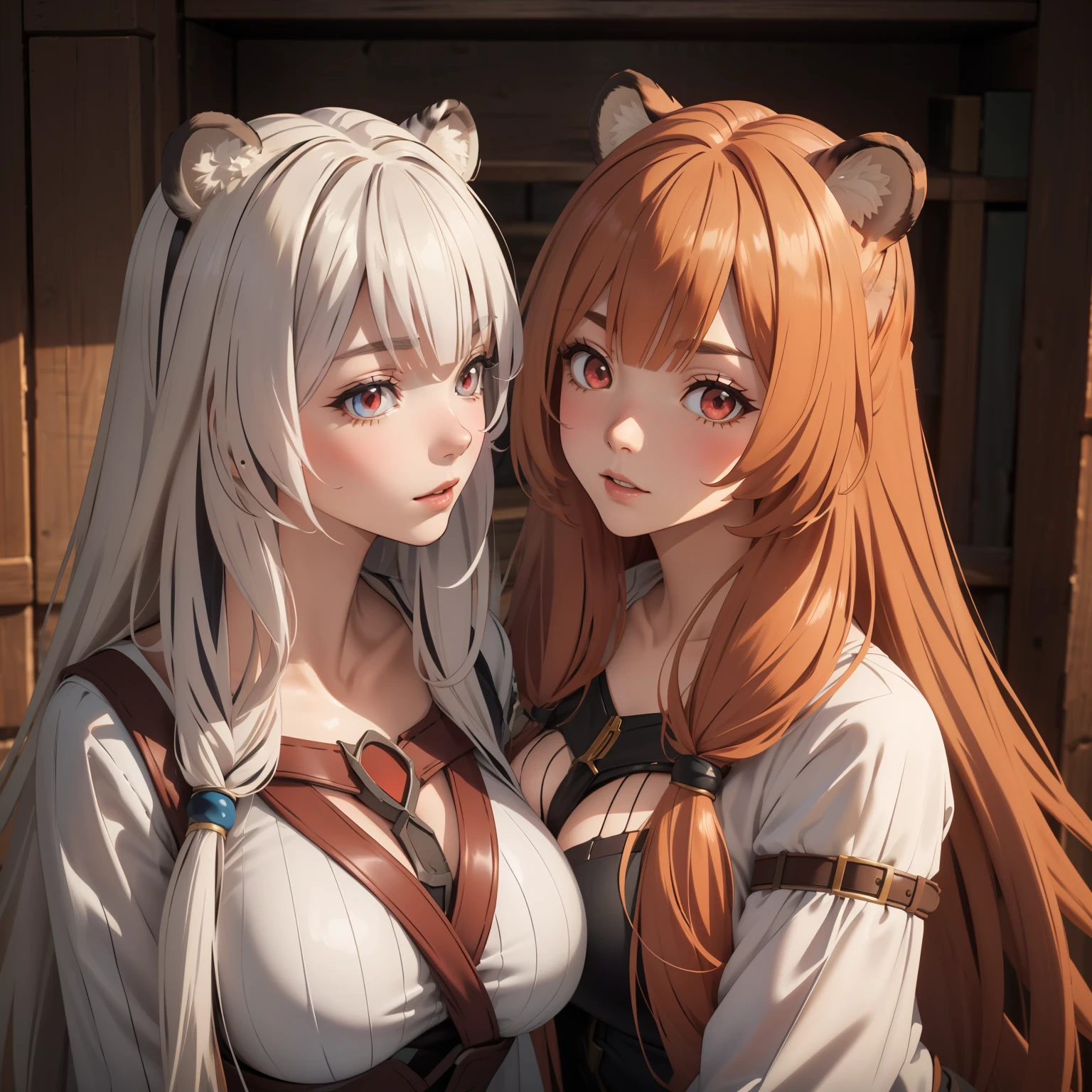 two women woman( Raphtalia, orange hair red eyes and bear ears big breasts),  with another woman, (Atlas Fayon woman 40 years old, white hair with black stripes ,white tiger ears,)