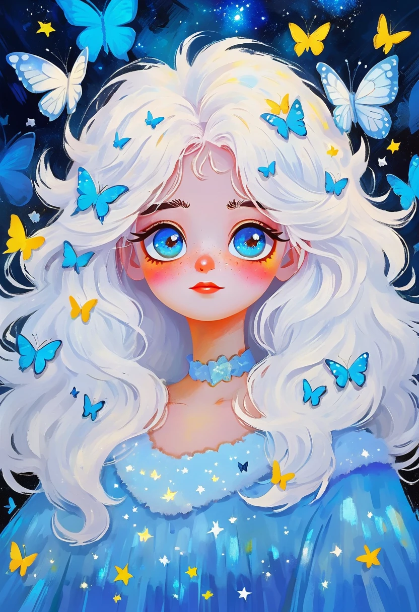 Rafael Silveira Collage Painting,Oil painting brush strokes,Oil painting texture:Cartoon Girl Portrait,Starry Eyes,White fluffy hair,Butterflies in the sky,Luminescence,blue,Phosphor,Dark solid background