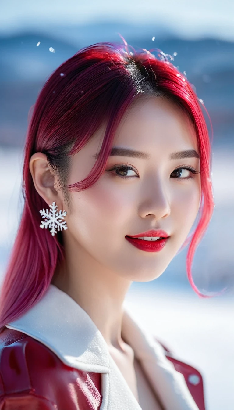 1 girl, Korean model, extremely beautiful, perfect body. Photo taken with Canon EOS R5 85mm f/11 Camera, ((sharp)) mode of people and surrounding scenery. Image quality ((8K)), ((lifelike)), ((masterpiece)), ((sharp and highest contrast)), ((great depth of field)), ((light stereolithography)).
((Pink hair)), ((high-end cosmetic makeup)), ((bright, radiant smile)), ((brilliant glossy red lipstick)), ((Ivory, white skin bright)), detailed pores, ((glossy skin)), ((Light shining directly on the face)), bright sunlight.
Earrings, necklace, belt, ((thin shirt)), ((shiny leather skirt)), high heels, bracelets.
Girl standing model pose, ((white snow)), cold wind, ice, cold, numb, ((frozen)), snowflakes, lonely, magical, dreamy, waiting, ((hope)).