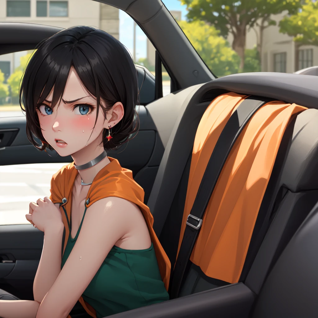 masterpiece, Highest quality, DQ Bianca, 1 person, Single Blade, Earrings, choker, Orange Cape, Green Dress, belt, Small breasts, 1 personで, Driving a car, Upper Body, hot, Sweating a lot, Wipe away sweat, looking at the camera, angry