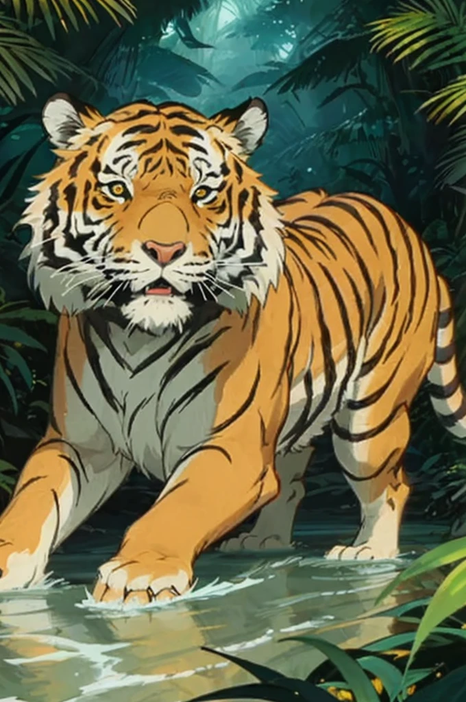 a majestic tiger attacking (tiger complete body),in a lush jungle, forest with plants, no water, detailed fur, powerful muscles, intense eyes, anime, cartoon, cinematic lighting