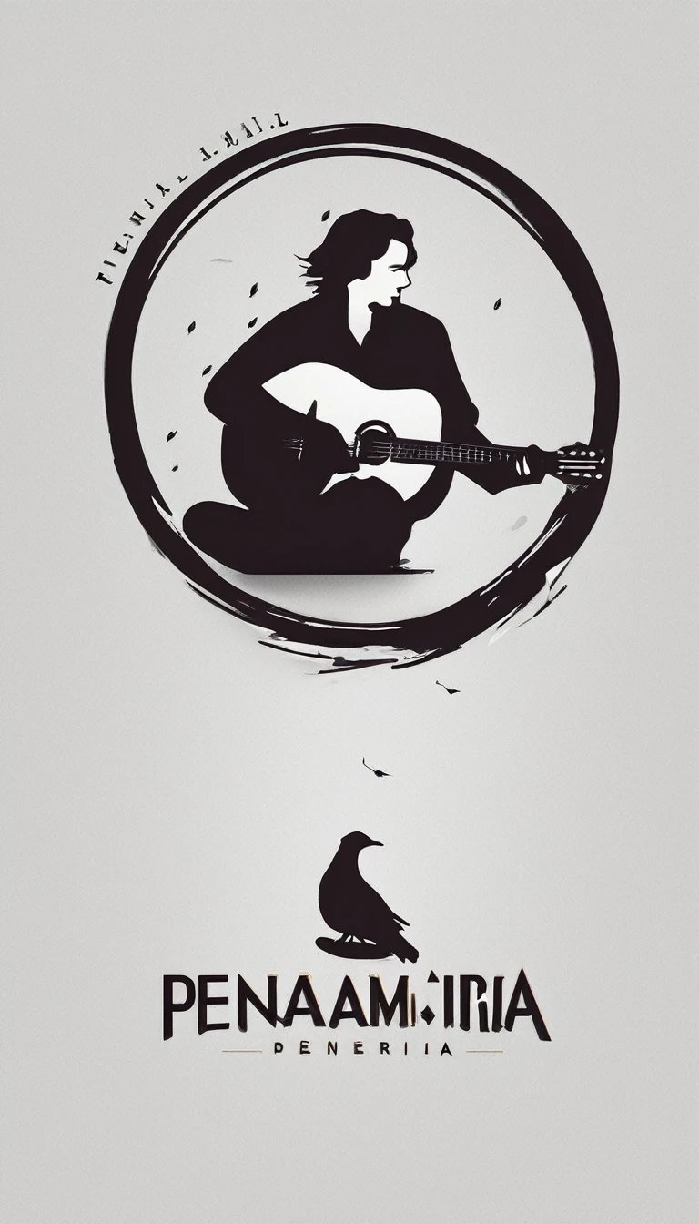 A minimal, modern, simple, cinematic logo design for the storyteller brand “Penamemoria". Create a modern, minimalistic, high-quality, logo of a feather-boy playing acoustic guitar. Make the logo fantastic, unique, modern, simple, minimalistic, dreamy, memorable, nosthalgic, storyteller.