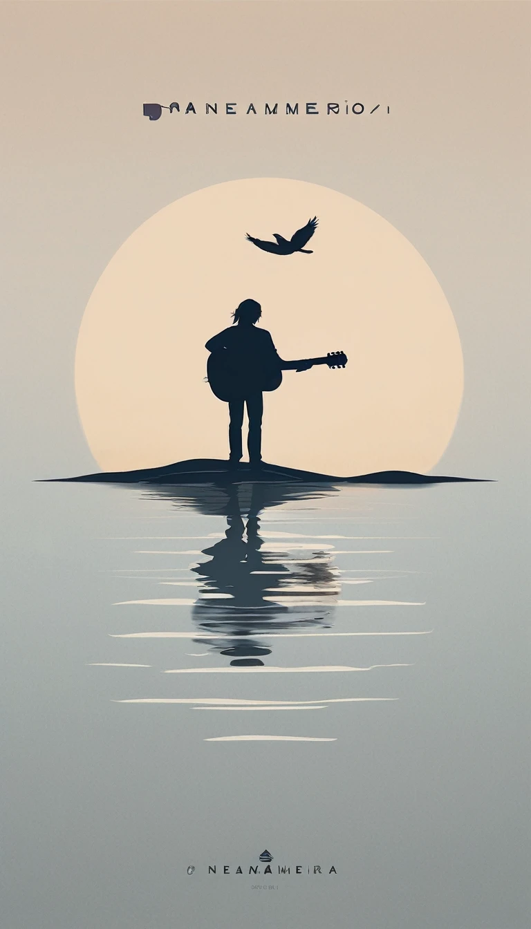 A minimal, modern, simple, cinematic logo design for the storyteller brand “Penamemoria". Create a modern, minimalistic, high-quality, logo of a feather-boy playing acoustic guitar. Make the logo fantastic, unique, modern, simple, minimalistic, dreamy, memorable, nosthalgic, storyteller.