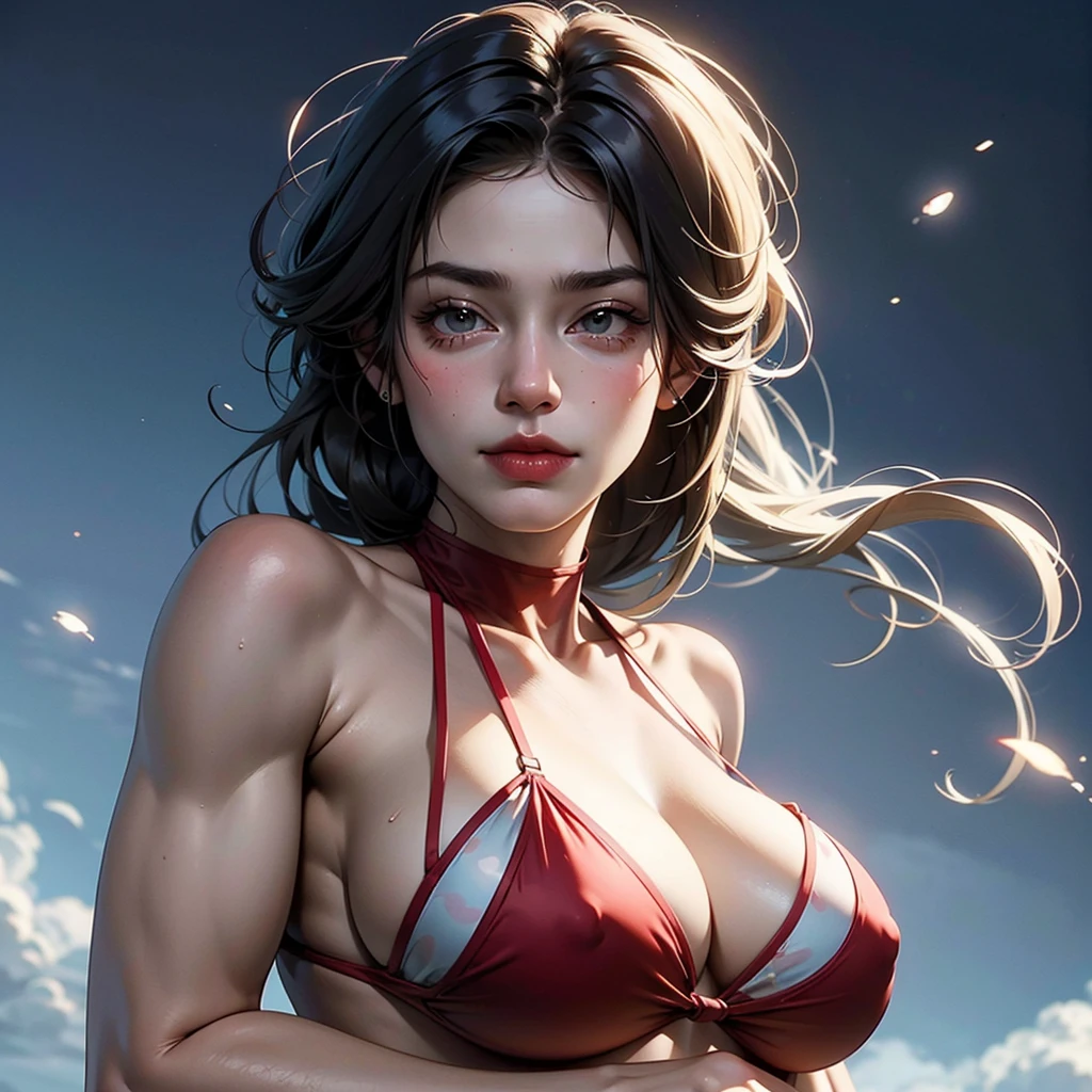 a drawing of a woman in a bikini with her arms crossed, hands behind her body pose!, asuka suit under clothes!, oppai, muscular!!, muscular!, biomechanical oppai, various pose, scales covering her chest, ecchi, fujita goro!