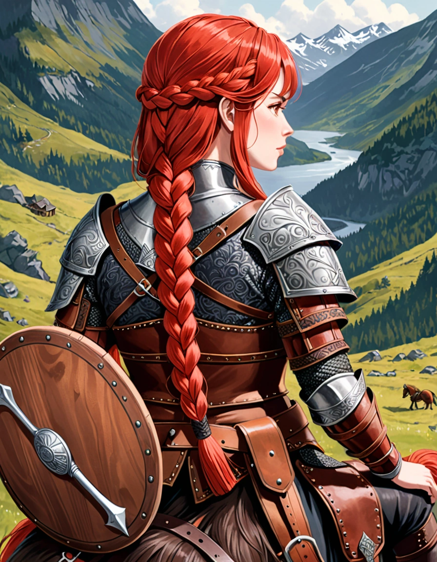close-up,back view,A digital illustration of A female warrior, long red braided hair , Carved Viking Tomahawk on her shoulder ,a round wooden shield on her back. she wearing dark fur and leather armor ,sitting on horse back with a belt that has a pouch attached.