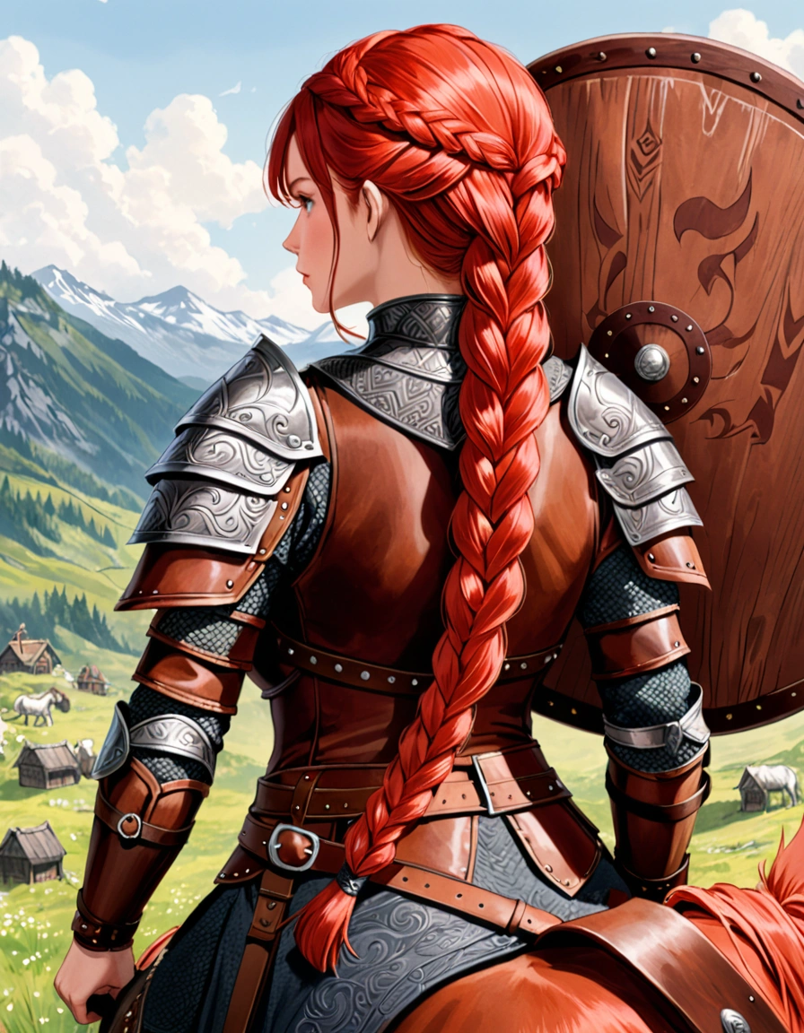 close-up,back view,A digital illustration of A female warrior, long red braided hair , Carved Viking Tomahawk on her shoulder ,a round wooden shield on her back. she wearing dark fur and leather armor ,sitting on horse back with a belt that has a pouch attached.