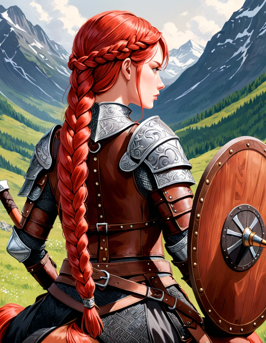 close-up,back view,A digital illustration of A female warrior, long red braided hair , Carved Viking Tomahawk on her shoulder ,a round wooden shield on her back. she wearing dark fur and leather armor ,sitting on horse back with a belt that has a pouch attached.