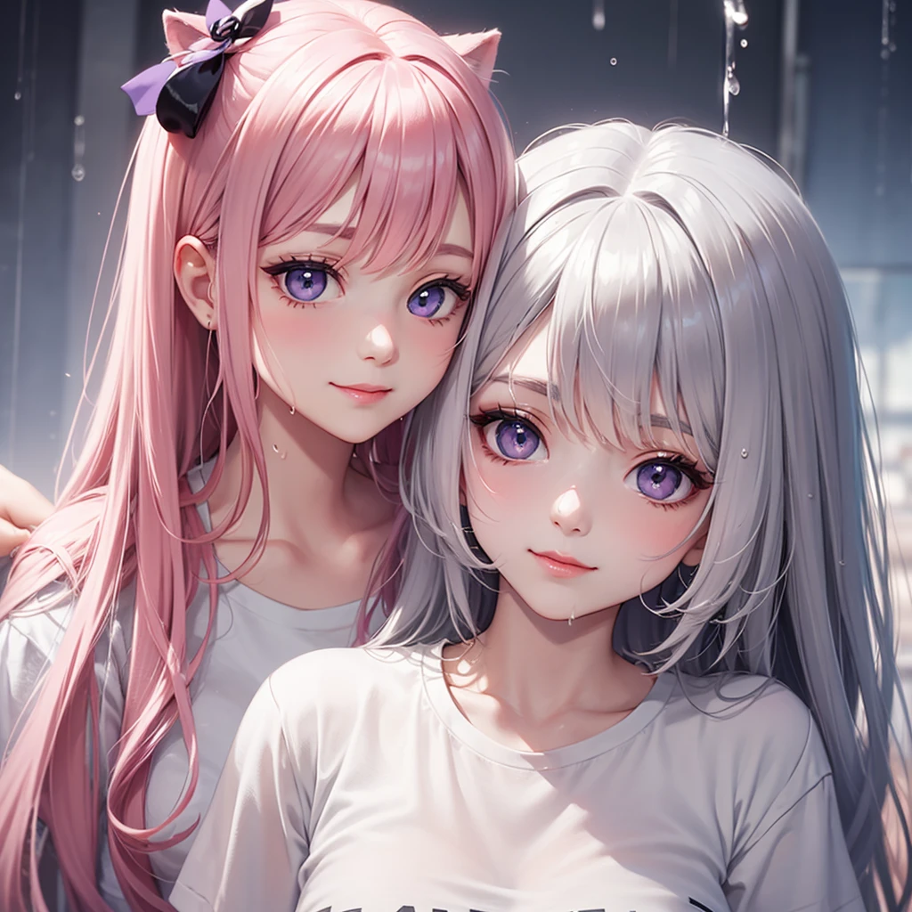 Beauty, High nose, Long eyelashes, 目にLight, Pink Lips, Closed Mouth, pastel colour, purple, Dull pink, Dull Blue, heart, Light, Fluttering Hair, White Skin, Big eyes, Inner color hair, turn around, Get wet, cute, 30 years old, perfume, PRADA, glossy, charm, Real, summer, null, smile, Weather showers, Wolf Hair, Big white t-shirt, Gray Hair,
