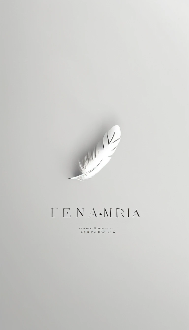 A minimal, modern, simple, cinematic logo design for the brand “Penamemoria". Create a modern, minimalistic, high-quality, white logo of a simple, fantastic, hipnotic, dreamy, artistic feather that symbolizes dreams, stories and memories