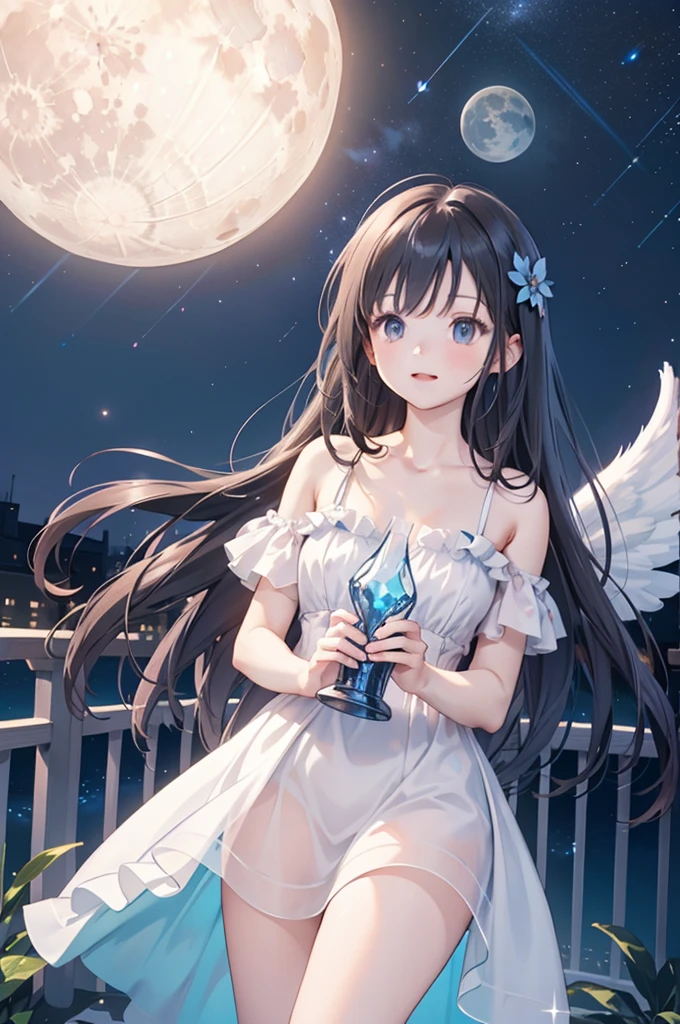 celestial 16-year-old angel girl, large transparent glowing blue glass wings, spreading wide, simple dress, floating in the night sky, beautiful stars and moon, bright blue city lights below, looking up, viewed from above, all elements glowing blue, world-class illustration, award-winning, fantasy illustration, vivid hues, detailed and soft lighting