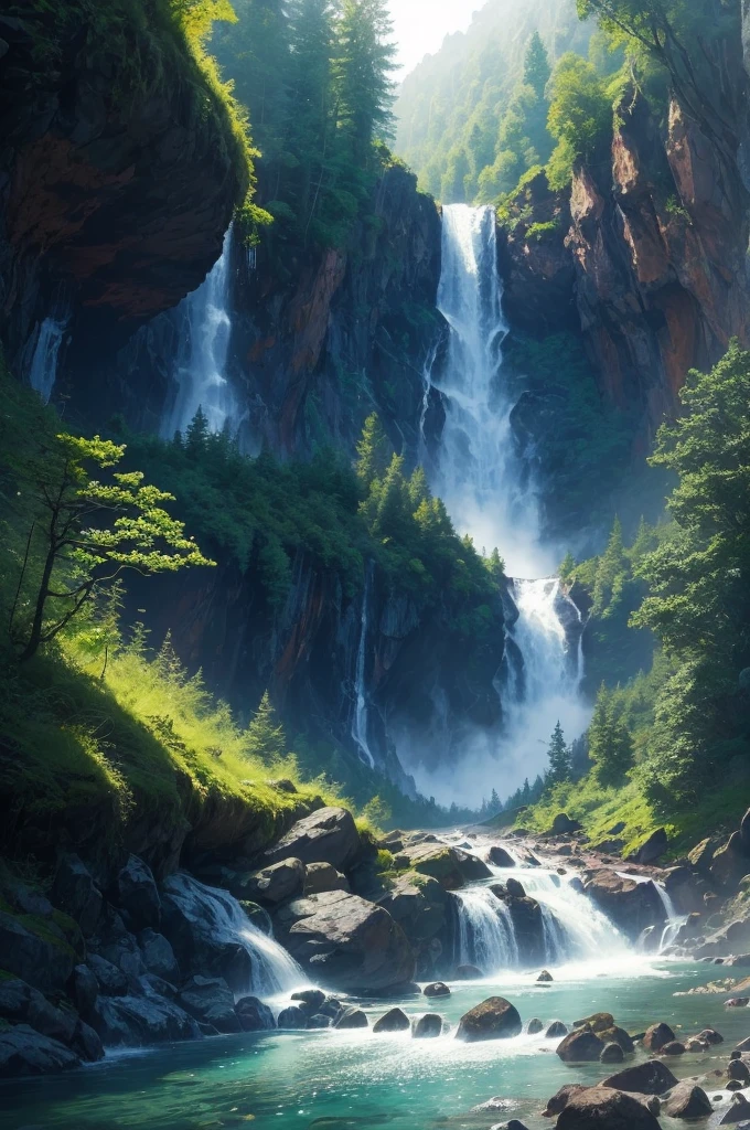 there is a waterfall in the middle of a lush green forest, forest and waterfall, lush and green, waterfall below, with waterfalls, an endless waterfall, water fall, with trees and waterfalls, with a waterfalls, stunning waterfall, peaceful beautiful waterfall, waterfall falling down, beautiful stunning waterfall, waterfall backdrop, mist from waterfall, lush forests, water falls, beautiful waterfall