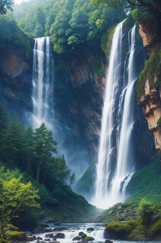 there is a waterfall in the middle of a lush green forest, forest and waterfall, lush and green, waterfall below, with waterfalls, an endless waterfall, water fall, with trees and waterfalls, with a waterfalls, stunning waterfall, peaceful beautiful waterfall, waterfall falling down, beautiful stunning waterfall, waterfall backdrop, mist from waterfall, lush forests, water falls, beautiful waterfall