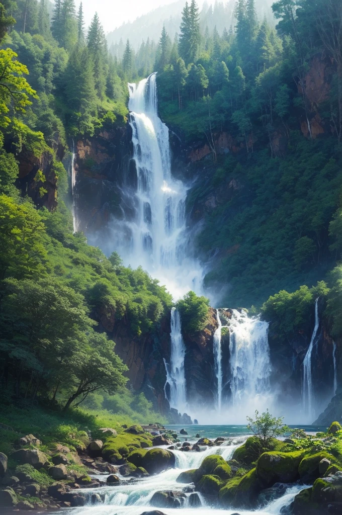 there is a waterfall in the middle of a lush green forest, forest and waterfall, lush and green, waterfall below, with waterfalls, an endless waterfall, water fall, with trees and waterfalls, with a waterfalls, stunning waterfall, peaceful beautiful waterfall, waterfall falling down, beautiful stunning waterfall, waterfall backdrop, mist from waterfall, lush forests, water falls, beautiful waterfall