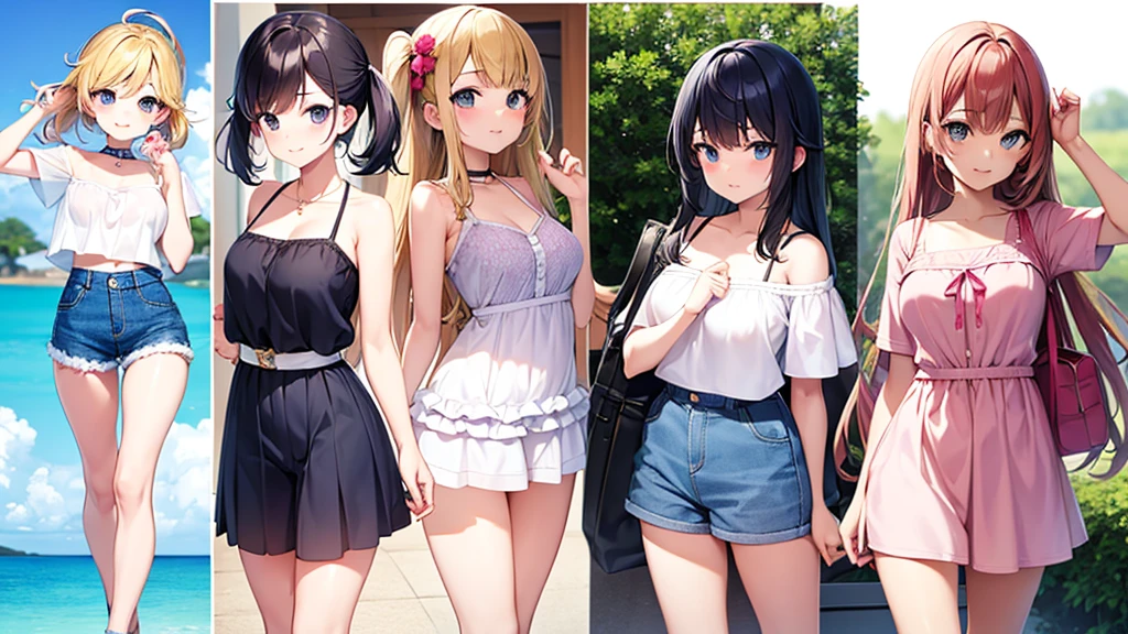 Beautiful anime girl, young, summer vacation lookbook