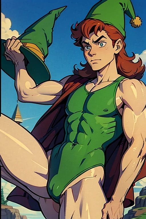 a redhead cartoon character dressed in a green leotard, very muscular, a 14 year old male wizard, 1980s cartoon, animated episode still, Presto (((mad))), ((Wears a wizard hat))