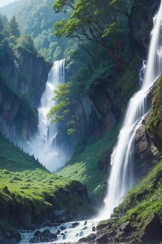 there is a waterfall in the middle of a lush green forest, forest and waterfall, lush and green, waterfall below, with waterfalls, an endless waterfall, water fall, with trees and waterfalls, with a waterfalls, stunning waterfall, peaceful beautiful waterfall, waterfall falling down, beautiful stunning waterfall, waterfall backdrop, mist from waterfall, lush forests, water falls, beautiful waterfall