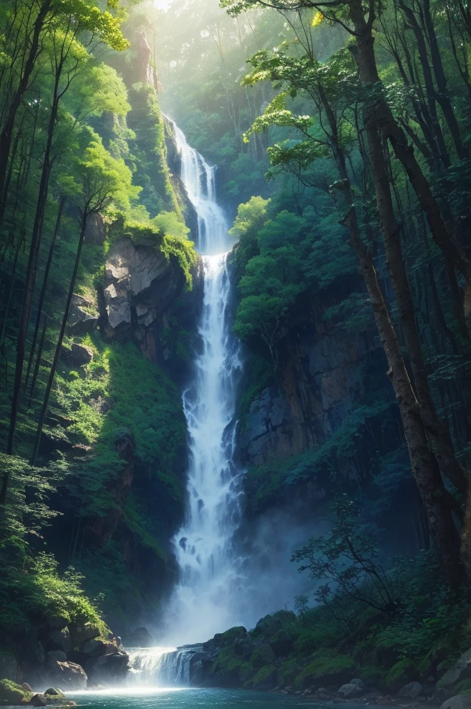 there is a waterfall in the middle of a lush green forest, forest and waterfall, lush and green, waterfall below, with waterfalls, an endless waterfall, water fall, with trees and waterfalls, with a waterfalls, stunning waterfall, peaceful beautiful waterfall, waterfall falling down, beautiful stunning waterfall, waterfall backdrop, mist from waterfall, lush forests, water falls, beautiful waterfall