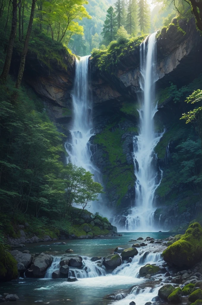 there is a waterfall in the middle of a lush green forest, forest and waterfall, lush and green, waterfall below, with waterfalls, an endless waterfall, water fall, with trees and waterfalls, with a waterfalls, stunning waterfall, peaceful beautiful waterfall, waterfall falling down, beautiful stunning waterfall, waterfall backdrop, mist from waterfall, lush forests, water falls, beautiful waterfall