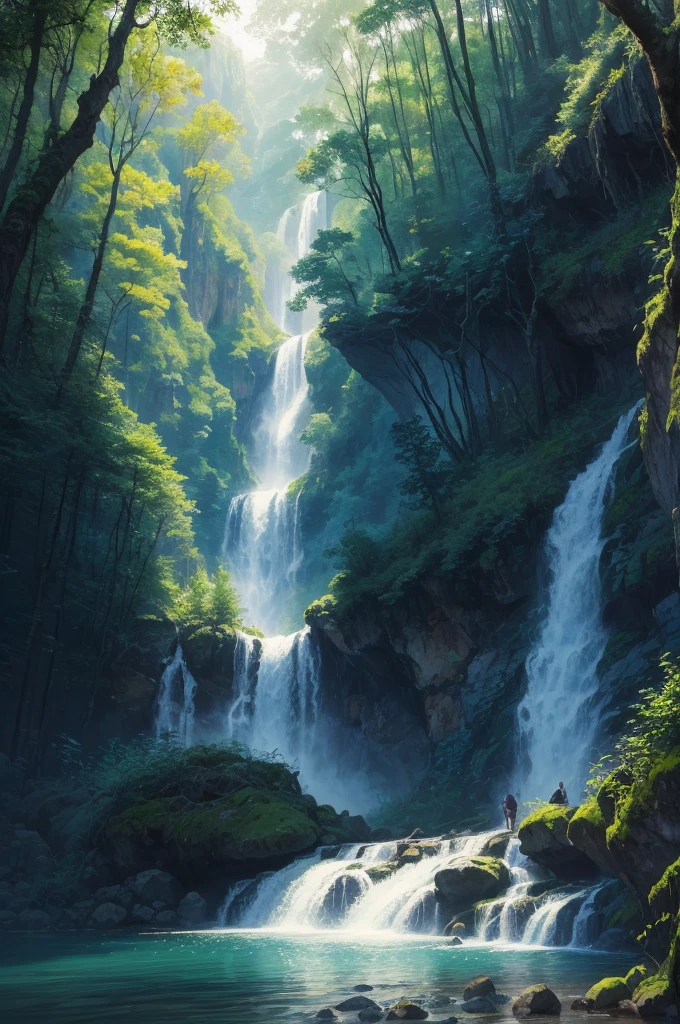 there is a waterfall in the middle of a lush green forest, forest and waterfall, lush and green, waterfall below, with waterfalls, an endless waterfall, water fall, with trees and waterfalls, with a waterfalls, stunning waterfall, peaceful beautiful waterfall, waterfall falling down, beautiful stunning waterfall, waterfall backdrop, mist from waterfall, lush forests, water falls, beautiful waterfall