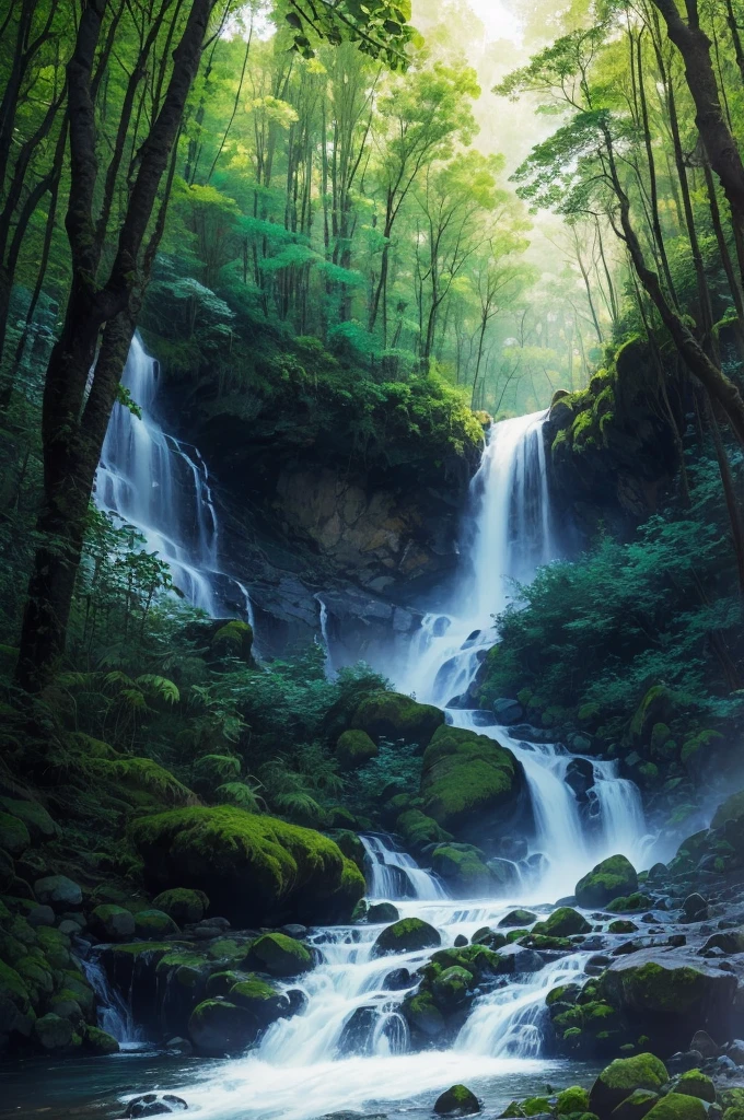 there is a waterfall in the middle of a lush green forest, forest and waterfall, lush and green, waterfall below, with waterfalls, an endless waterfall, water fall, with trees and waterfalls, with a waterfalls, stunning waterfall, peaceful beautiful waterfall, waterfall falling down, beautiful stunning waterfall, waterfall backdrop, mist from waterfall, lush forests, water falls, beautiful waterfall