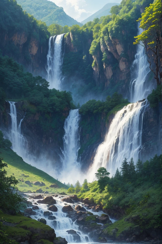 there is a waterfall in the middle of a lush green forest, forest and waterfall, lush and green, waterfall below, with waterfalls, an endless waterfall, water fall, with trees and waterfalls, with a waterfalls, stunning waterfall, peaceful beautiful waterfall, waterfall falling down, beautiful stunning waterfall, waterfall backdrop, mist from waterfall, lush forests, water falls, beautiful waterfall