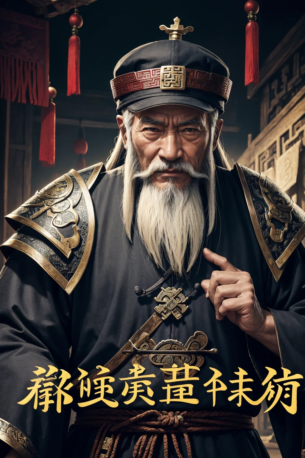 oriental、Old man wearing ancient Chinese armor、old man with ancient chinese hairstyle、three kingdom、top-quality、masterpiece、超A high resolution、(Photorealsitic:1.4)、Game Posters、Black clothes、long beard