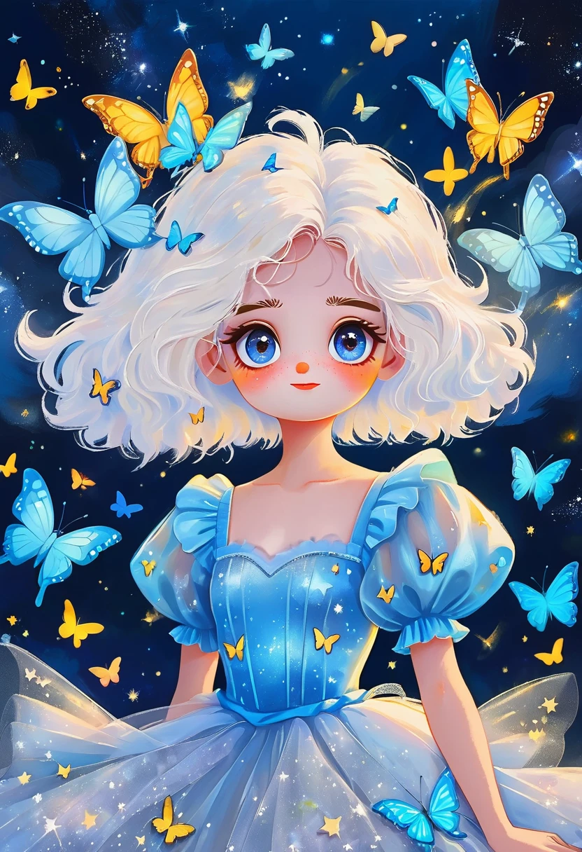 Rafael Silveira Collage Painting，Oil painting brush strokes，Oil painting texture：Cartoon Girl Portrait，Starry Eyes，White fluffy hair，Puff Sleeve Princess Tulle Dress-Tulle，Butterflies in the sky，Luminescence，blue，Phosphor，Dark solid background