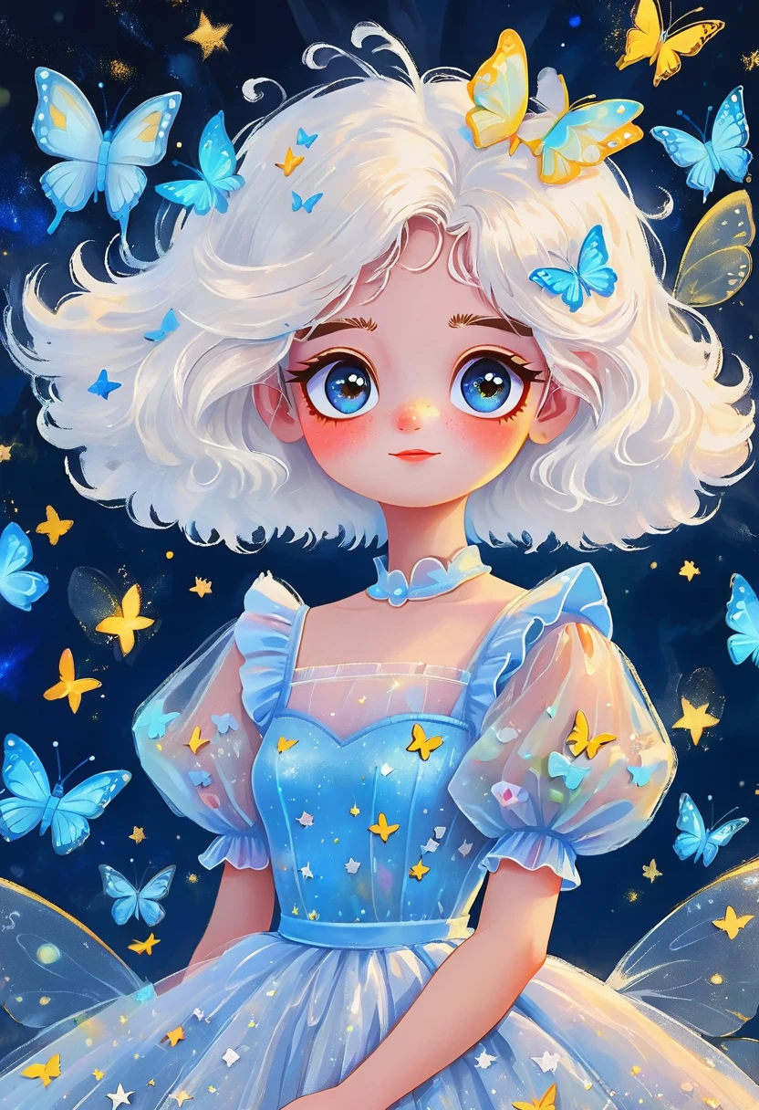 Rafael Silveira Collage Painting，Oil painting brush strokes，Oil painting texture：Cartoon Girl Portrait，Starry Eyes，White fluffy hair，Puff Sleeve Princess Tulle Dress-Tulle，Butterflies in the sky，Luminescence，blue，Phosphor，Dark solid background