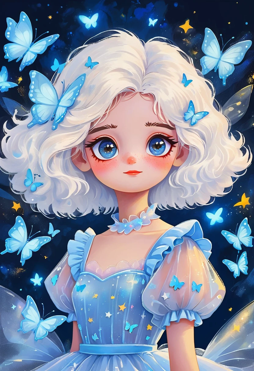 Rafael Silveira Collage Painting,Oil painting brush strokes,Oil painting texture:Cartoon Girl Portrait,Starry Eyes,White fluffy hair,Puff Sleeve Princess Tulle Dress-Tulle,Butterflies in the sky,Luminescence,blue,Phosphor,Dark solid background