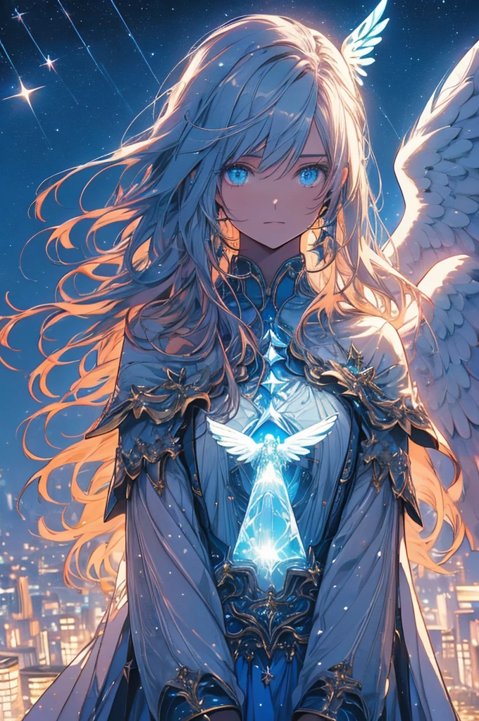 RAW Photos, Realistic, Ultra-realistic, celestial 16-year-old angel girl, large transparent glowing blue glass wings, spreading wide, simple dress, floating in the night sky, beautiful stars and moon, bright blue city lights below, looking up, viewed from above, all elements glowing blue, world-class illustration, award-winning, fantasy illustration, vivid hues, detailed and soft lighting, Highest quality, masterpiece, Ultra-high resolution, 8K