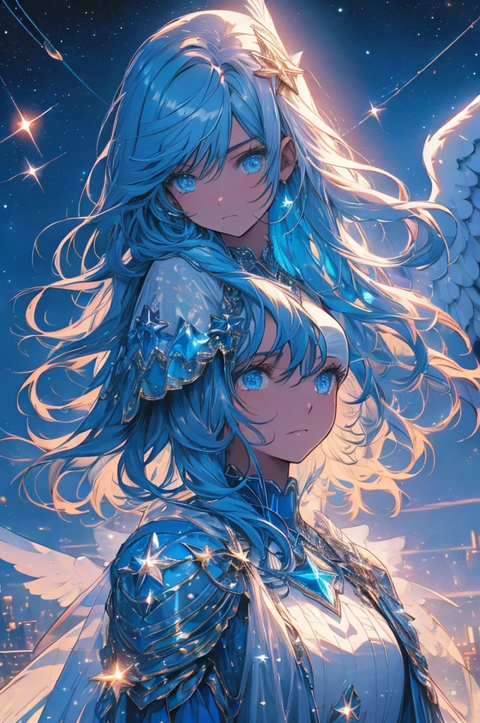 RAW Photos, Realistic, Ultra-realistic, celestial 16-year-old angel girl, large transparent glowing blue glass wings, spreading wide, simple dress, floating in the night sky, beautiful stars and moon, bright blue city lights below, looking up, viewed from above, all elements glowing blue, world-class illustration, award-winning, fantasy illustration, vivid hues, detailed and soft lighting, Highest quality, masterpiece, Ultra-high resolution, 8K