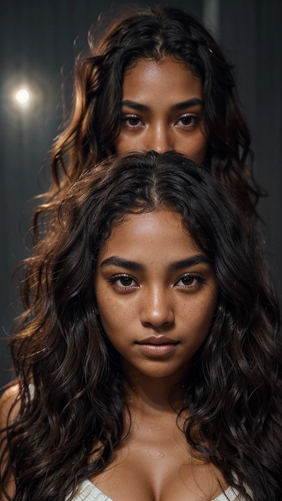 (((Beautiful girl))) with dark celestial skin, shimmering like the night sky. Intricate star-like freckles adorn her face. She has ((deep, soulful eyes)) and ((flowing, wavy hair)). The scene is illuminated by a soft, ethereal glow, enhancing her otherworldly beauty.