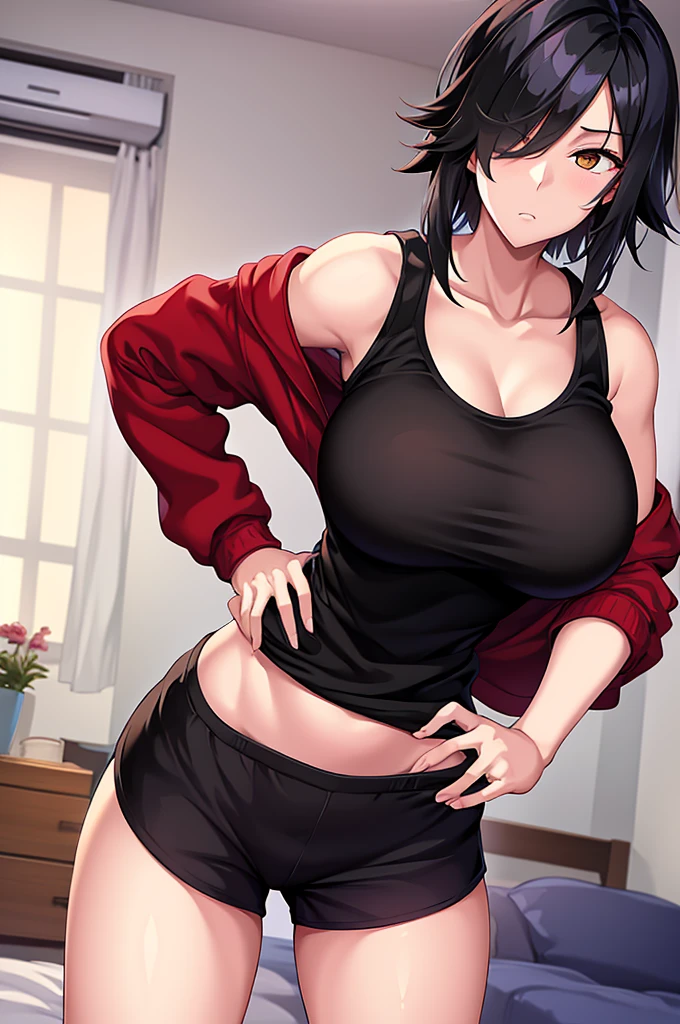 mature woman, hair over one eye, golden eyes, Tomboy, sweatshorts, looking at viewer, shoulder-length black hair, off shoulder, bedroom, hand on hip, messy hair, standing, red jacket, black tank top, solo, fit