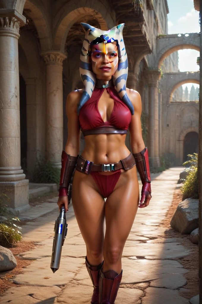 a ((fall body)) ((Ahsoka))) (()) (())mandalorian,walking on snow coverd ruins , ((green fire eyes )) , beautiful detailed eyes, beautiful detailed lips, extremely detailed face, long eyelashes, mandalorian armor, sci-fi, cinematic lighting, dramatic, epic, intricate details, hyper-realistic, 8k, high-quality, photorealistic