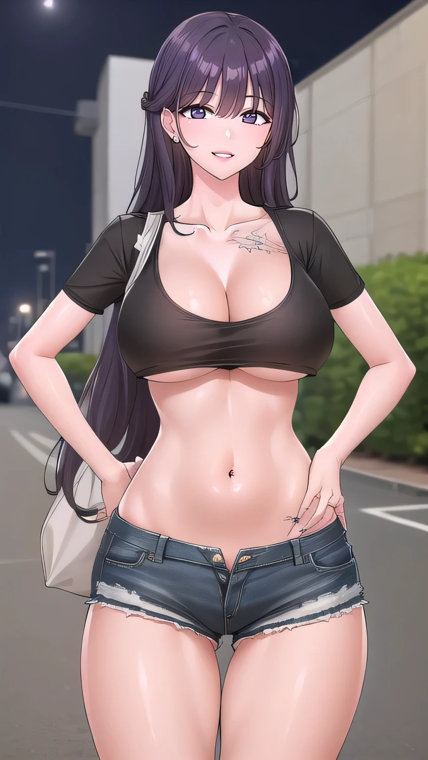 (front view detailed body, long belly , Slender body, tight body , thicc, large breast, breast, long thighs, masterpiece, long hair, very long hair, fwbak, mature female, hairclip,hair_between_eyes, very_long_hair, cowboy shot, front shot, looking at viewer, t-Shirt, loose t-shirt, black shirt, short shirt, underboob, navel, stocking, stockings, Denim, short denim, hot pants,  short shorts, collarbone, cleavage, armpit, hand on hip, bag, holding, night, Jewelry, outdoors, full body, Beautiful Finger,Beautiful long legs,Beautiful body,Beautiful Nose,Beautiful character design, perfect eyes, perfect face,expressive eyes, looking at viewer,(Full_body),(Focus on her face), official art,extremely detailed CG unity 8k wallpaper, perfect lighting,Colorful, Bright_Front_face_Lighting,shiny skin, (masterpiece:1.0),(best_quality:1.0), ultra high res,4K,ultra-detailed, photography, 8K, HDR, highres, absurdres:1.2, Kodak portra 400, film grain, blurry background, bokeh:1.2, lens flare, (vibrant_color:1.2) (Beautiful,large_Breasts:1.4), (beautiful_face:1.5),(narrow_waist), facing the viewer