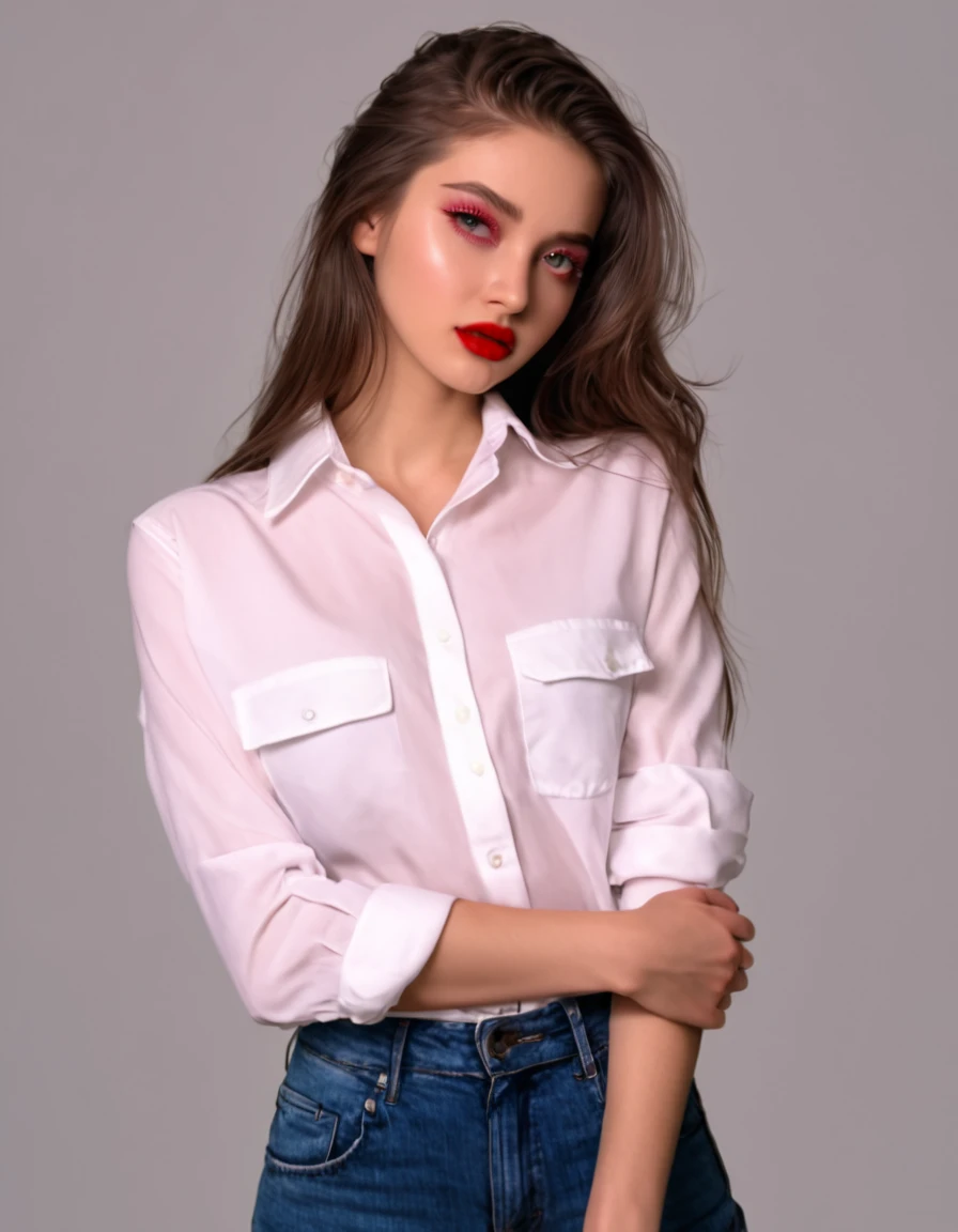 brown long shining hair, (RAW photo), (realism: 1.8), (gloss red lipstick, many eyelashes, dark black eye shadow, shy, blushing, high quality, high resolution, depth of field, chromatic aberration, caustic, wide light, dark pink fair glossy skin, (21-year-old woman), carring red shirt in sholder, stylish ,white shirt-blue jeans, lots of exposure, pose, visible 8k resolutions, magical