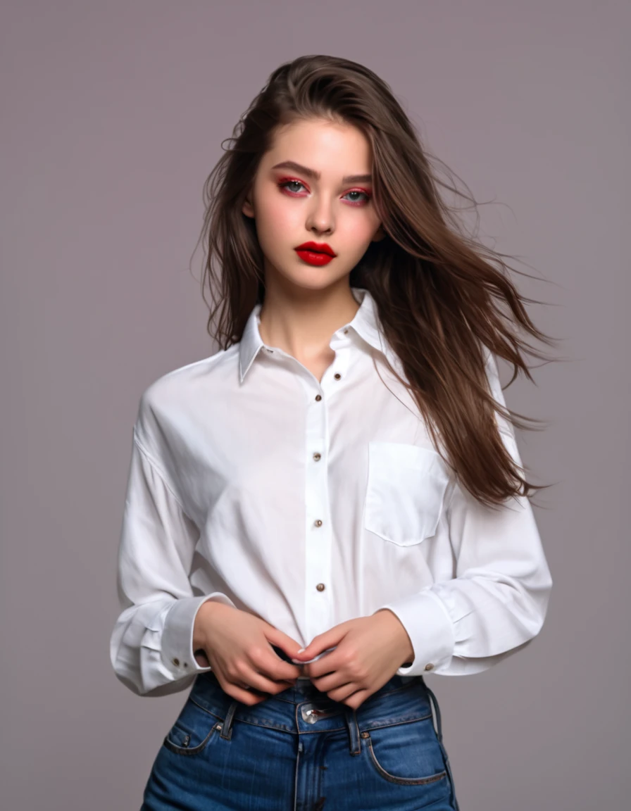 brown long shining hair, (RAW photo), (realism: 1.8), (gloss red lipstick, many eyelashes, dark black eye shadow, shy, blushing, high quality, high resolution, depth of field, chromatic aberration, caustic, wide light, dark pink fair glossy skin, (21-year-old woman), carring red shirt in sholder, stylish ,white shirt-blue jeans, lots of exposure, pose, visible 8k resolutions, magical