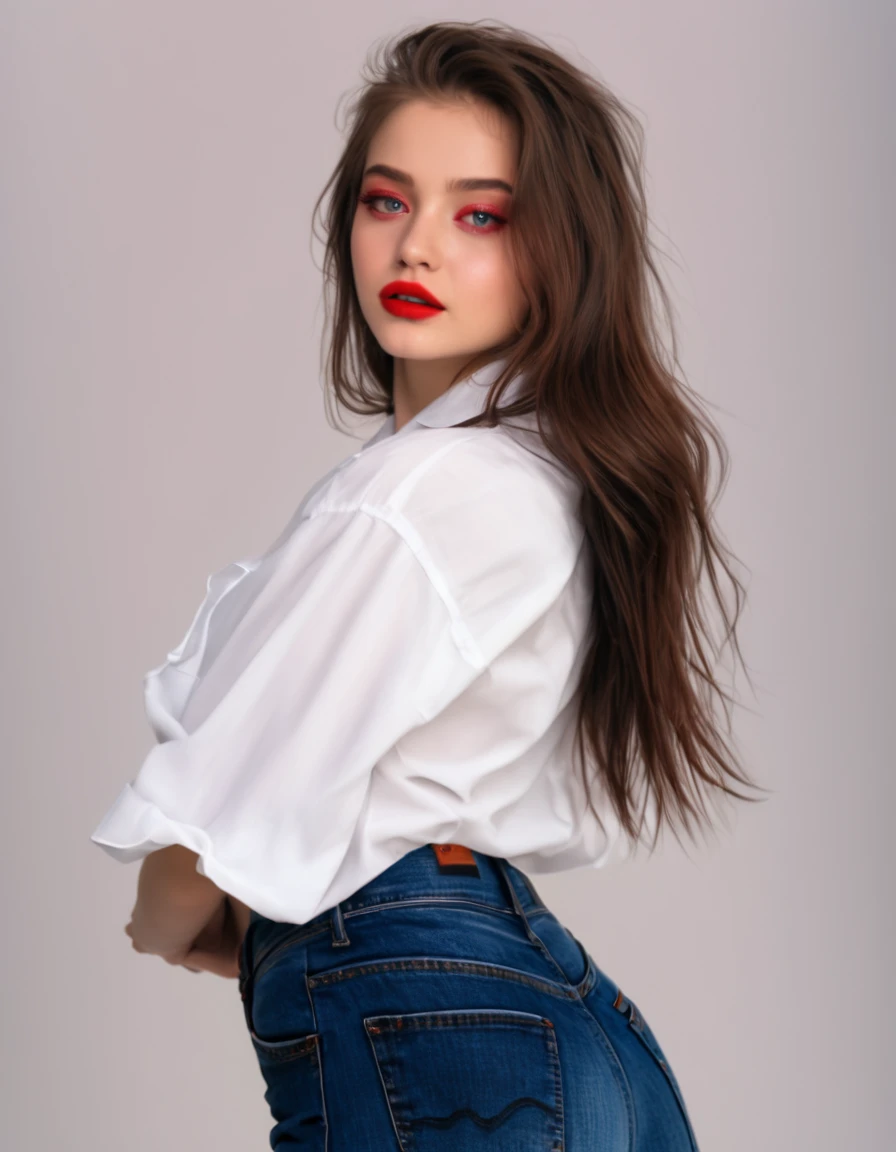 brown long shining hair, (RAW photo), (realism: 1.8), (gloss red lipstick, many eyelashes, dark black eye shadow, shy, blushing, high quality, high resolution, depth of field, chromatic aberration, caustic, wide light, dark pink fair glossy skin, (21-year-old woman), carring red shirt in sholder, stylish ,white shirt-blue jeans, lots of exposure, pose, visible 8k resolutions, magical
