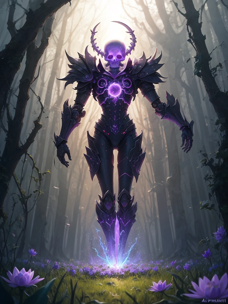 purple flower in a field of dead grass with a skull in the background, black lotus, dark flower shaman, alien flower, lolth, waterlily mecha nymphaea, lotus, 🌺 cgsociety, obsidian pomegranade, aura of power. detailed, alien flora, purple glowing core in armor, flowercore, artistic depiction, bloom. high fantasy