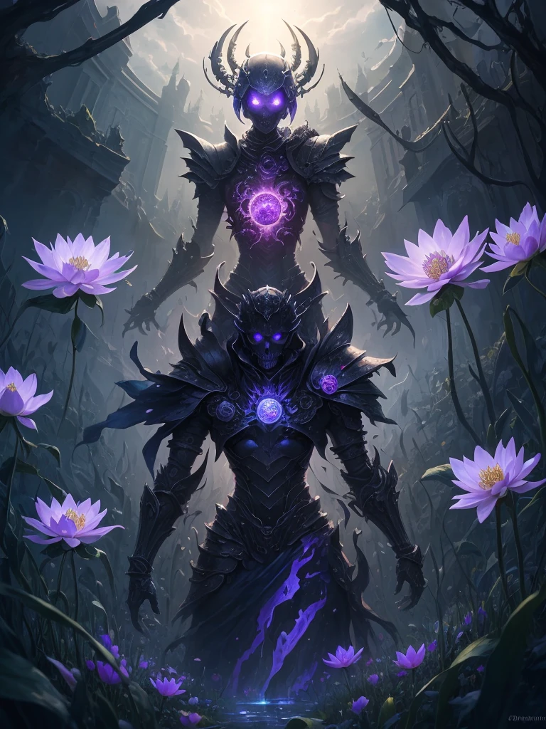 purple flower in a field of dead grass with a skull in the background, black lotus, dark flower shaman, alien flower, lolth, waterlily mecha nymphaea, lotus, 🌺 cgsociety, obsidian pomegranade, aura of power. detailed, alien flora, purple glowing core in armor, flowercore, artistic depiction, bloom. high fantasy