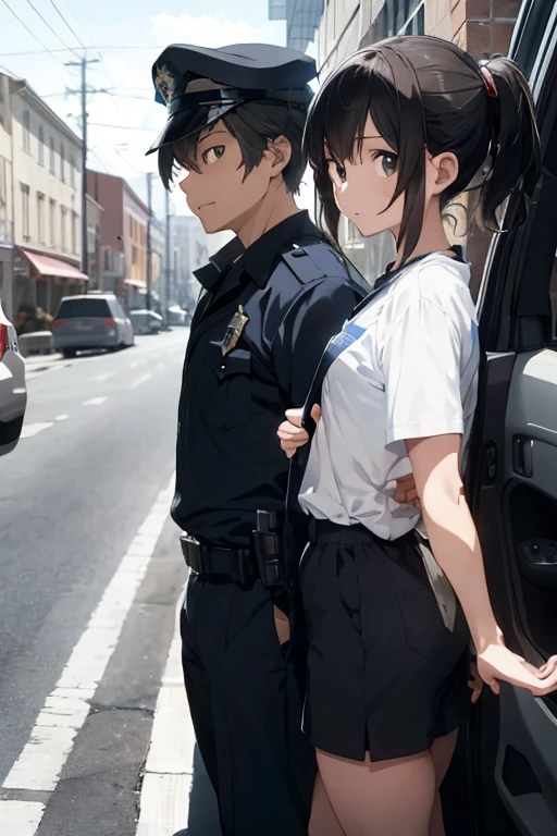 Brilliant image, полицейский arrestовывает лежащую преступницу, In a tight dress and high heels, arrest, anime