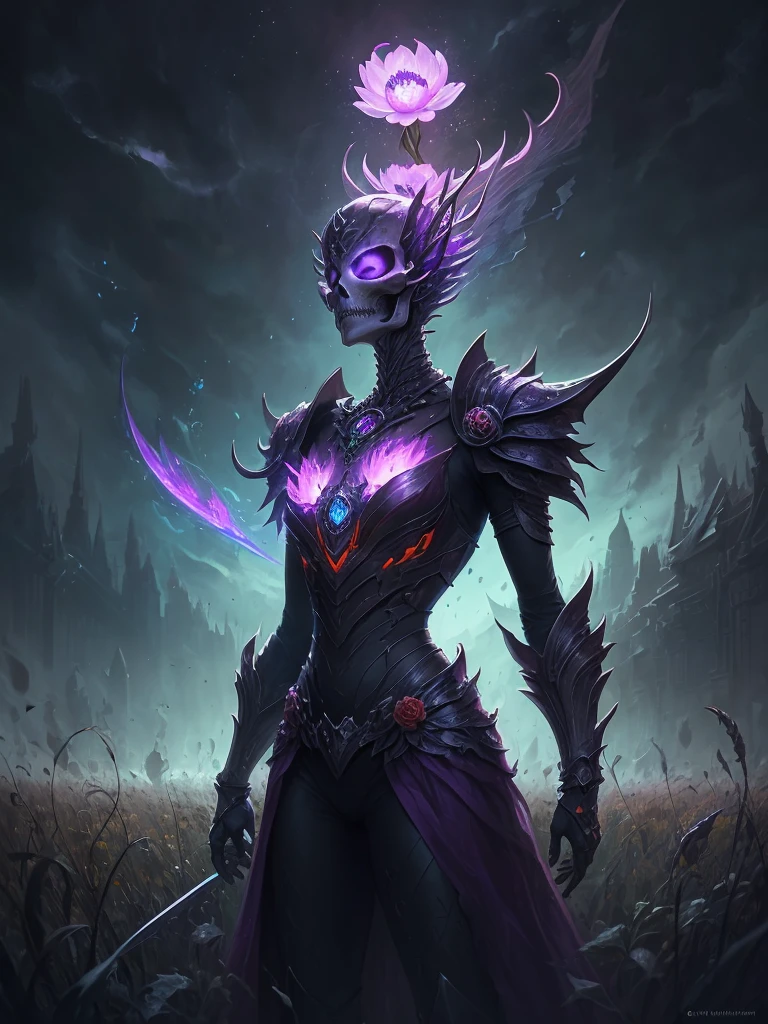 purple flower in a field of dead grass with a skull in the background, black lotus, dark flower shaman, alien flower, lolth, waterlily mecha nymphaea, lotus, 🌺 cgsociety, obsidian pomegranade, aura of power. detailed, alien flora, purple glowing core in armor, flowercore, artistic depiction, bloom. high fantasy