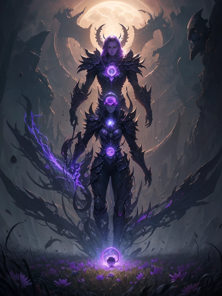 purple flower in a field of dead grass with a skull in the background, concept art by Chris Rahn, deviantart, conceptual art, black lotus, dark flower shaman, alien flower, lolth, waterlily mecha nymphaea, lotus, 🌺 cgsociety, obsidian pomegranade, aura of power. detailed, alien flora, purple glowing core in armor