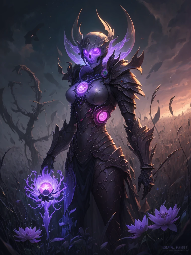 purple flower in a field of dead grass with a skull in the background, concept art by Chris Rahn, deviantart, conceptual art, black lotus, dark flower shaman, alien flower, lolth, waterlily mecha nymphaea, lotus, 🌺 cgsociety, obsidian pomegranade, aura of power. detailed, alien flora, purple glowing core in armor