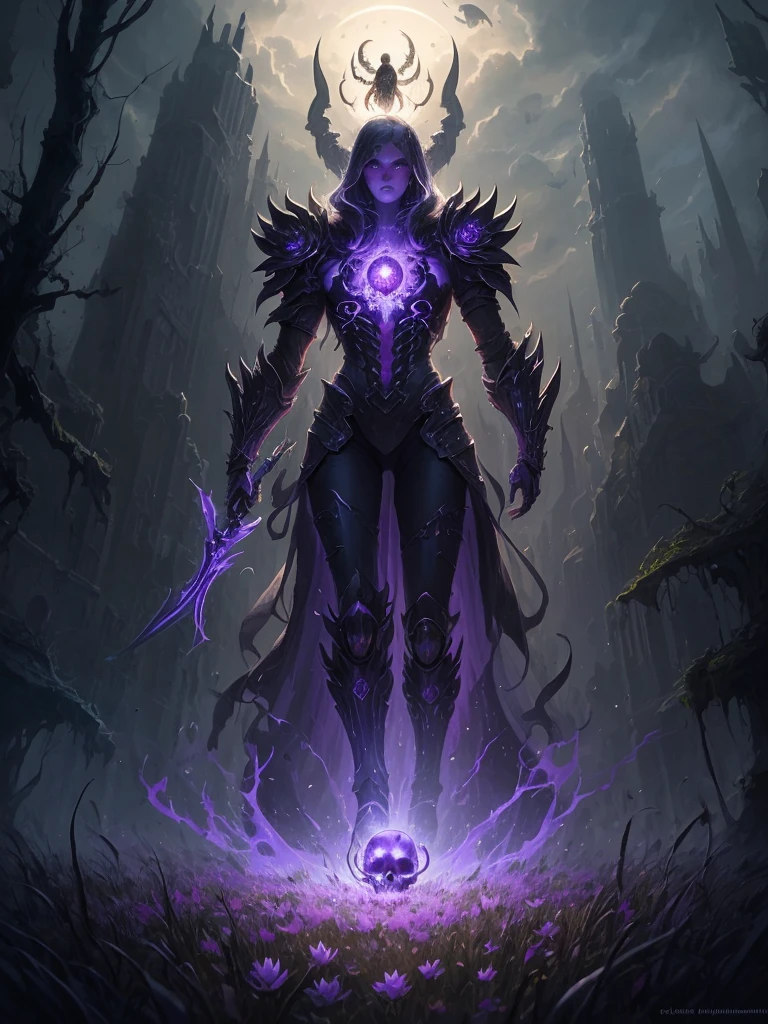 purple flower in a field of dead grass with a skull in the background, concept art by Chris Rahn, deviantart, conceptual art, black lotus, dark flower shaman, alien flower, lolth, waterlily mecha nymphaea, lotus, 🌺 cgsociety, obsidian pomegranade, aura of power. detailed, alien flora, purple glowing core in armor