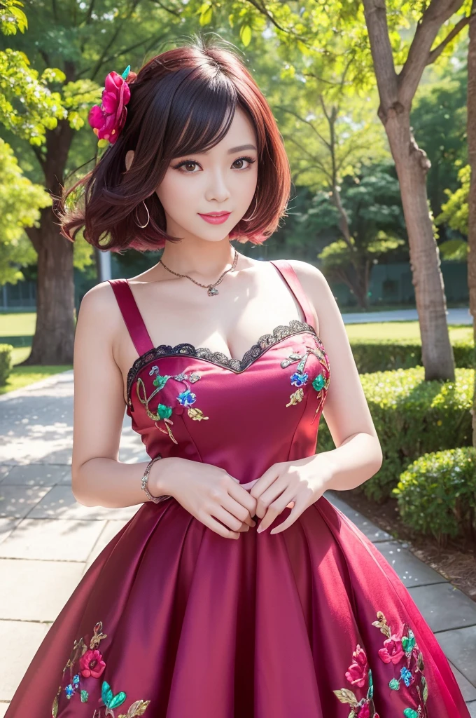 (masterpiece:1.4), (best quality:1.4), ultra high res, ultra high resolution, ((detailed facial features)), HDR, (realistic, photorealistic, photo-realistic:1.37), full body Esbian, sexy Vietnamese model, (-anime), vivid colors, ((vivid colors multicolor (red, fuchsia) very short hair)), (happy smile), lip-gloss, long lashes, ultra detailed metallic makeup, defined eyebrows, wearing large sparkling colorful jewelery, wearing a red silk Paradise Kiss cosplay dress with black floral embroidery, ((vivid colors outfit)), vivid colors, look at the camera, cinematic light, large park background with trees, sweet and sexy pose